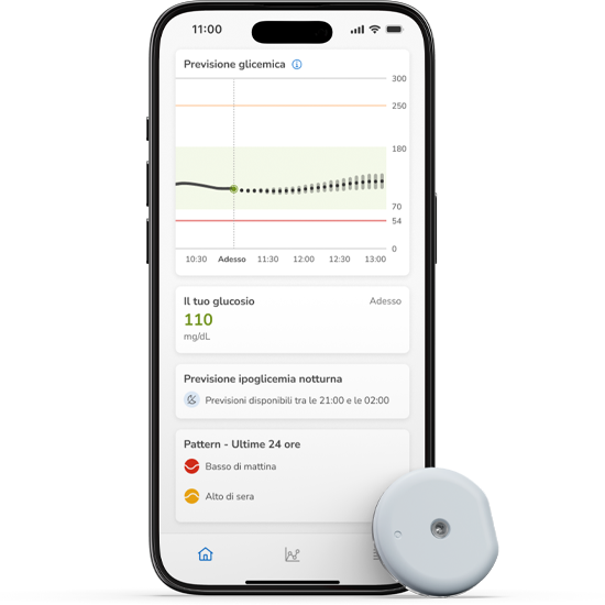 Nell’immagine sono illustrati il sensore Accu-Chek SmartGuide, e la schermata dell’app SmartGuide.