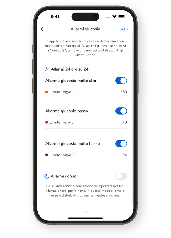 Schermata pagina Allarmi glucosio dell’app Accu-Chek SmartGuide, che descrive in dettaglio i tipi di allarme che è possibile attivare.