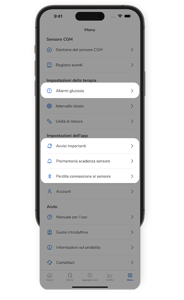 La schermata dell’app SmartGuide mostra il menu, evidenziando gli allarmi glucosio, gli avvisi importanti, i promemoria di scadenza del sensore e le impostazioni di connessione al sensore.