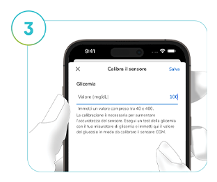 Schermata Calibra dell’app SmartGuide, che descrive in dettaglio come calibrare il CGM.