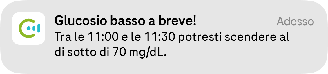 Glucosio basso a breve! Notifica che segnala un potenziale valore basso tra le 12:30 e le 13:30.