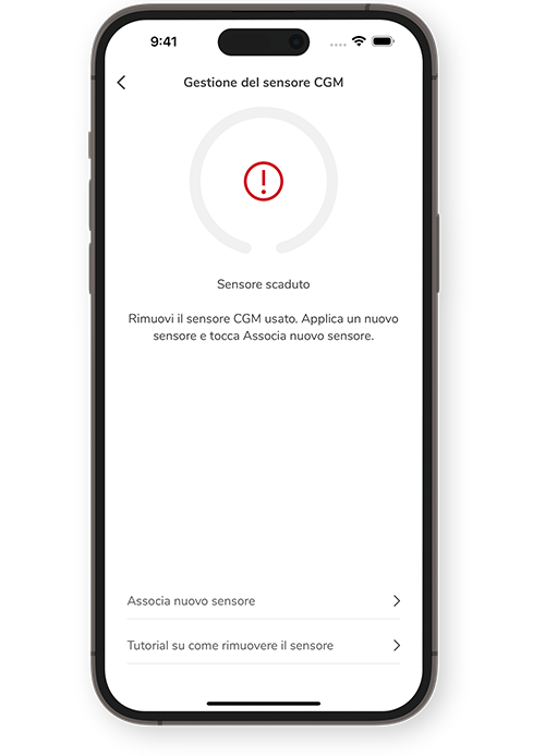 Schermata dove si indica che il sensore del CGM Accu-Chek SmartGuide è scaduto.