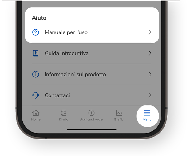 Schermata sezione Guida dell’app SmartGuide, con l'evidenziazione del Manuale per l’utente.