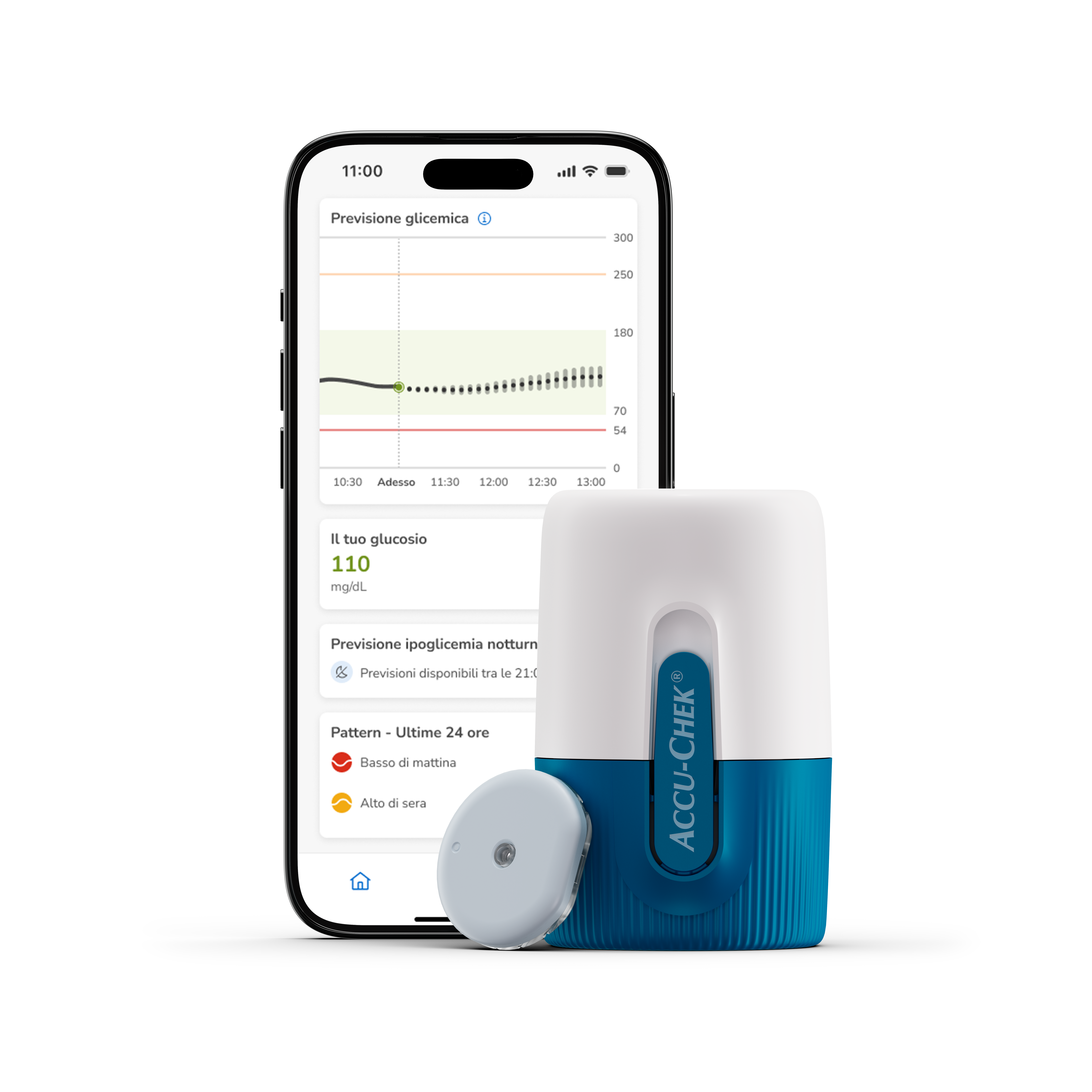 Immagine del sensore, dell'applicatore e di un telefono cellulare che mostra la schermata dell'app CGM