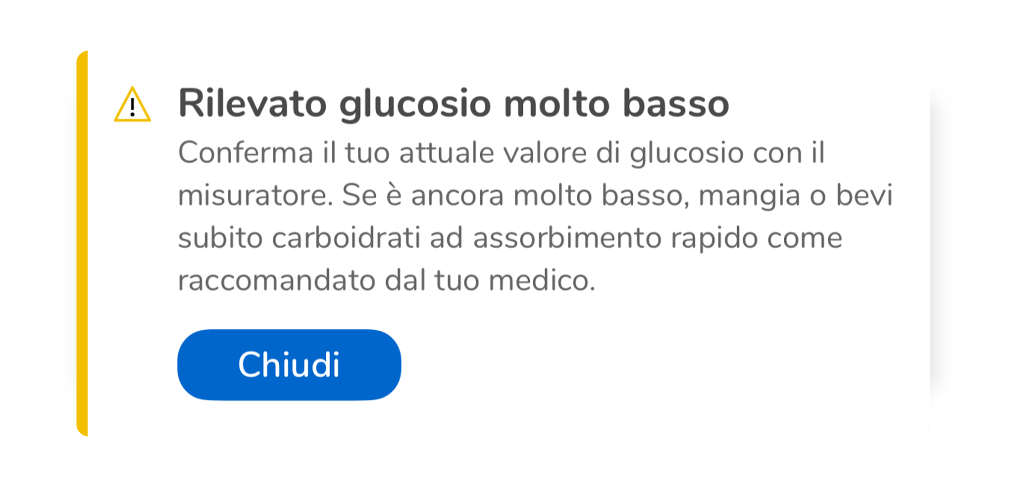 Notifica popup Rilevato glucosio molto basso nell’app Accu-Chek SmartGuide