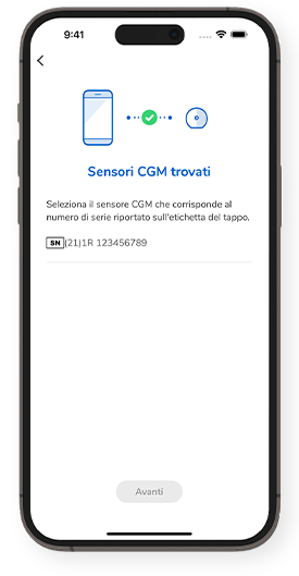 Schermata CGM dei sensori trovati, che mostra il numero di serie corrispondente sul tappo.