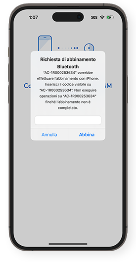Schermata che mostra la richiesta di Associazione Bluetooth con il tuo smartphone.