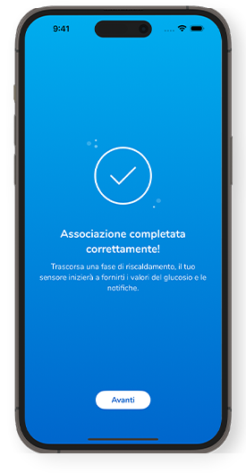 Schermata di Associazione completata correttamente, informazioni sulla fase di riscaldamento e tasto Avanti nella parte inferiore.