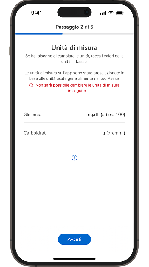 Schermata della pagina di configurazione delle unità di misura dell’app SmartGuide.
