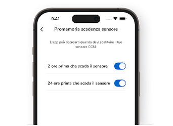 Schermata dell’app Accu-Chek SmartGuide che visualizza i promemoria di scadenza del sensore.