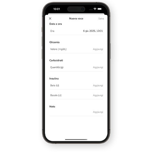 Schermata di inserimento dati nel Diario del CGM SmartGuide.